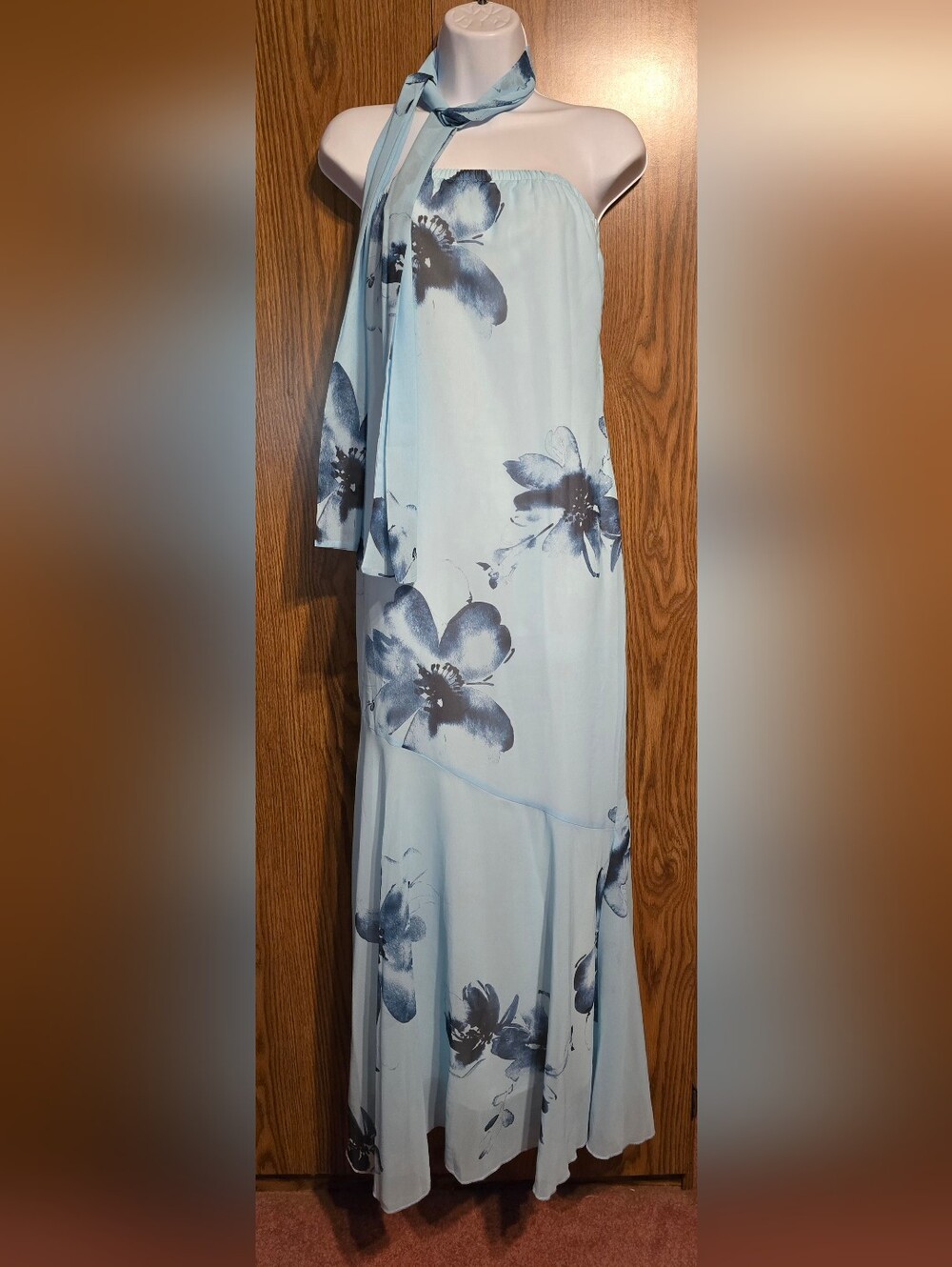 Source Unknown Strapless Light Blue Maxi Dress with Navy Floral Accents